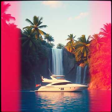 Sunny cascading waterfall, yatch 
